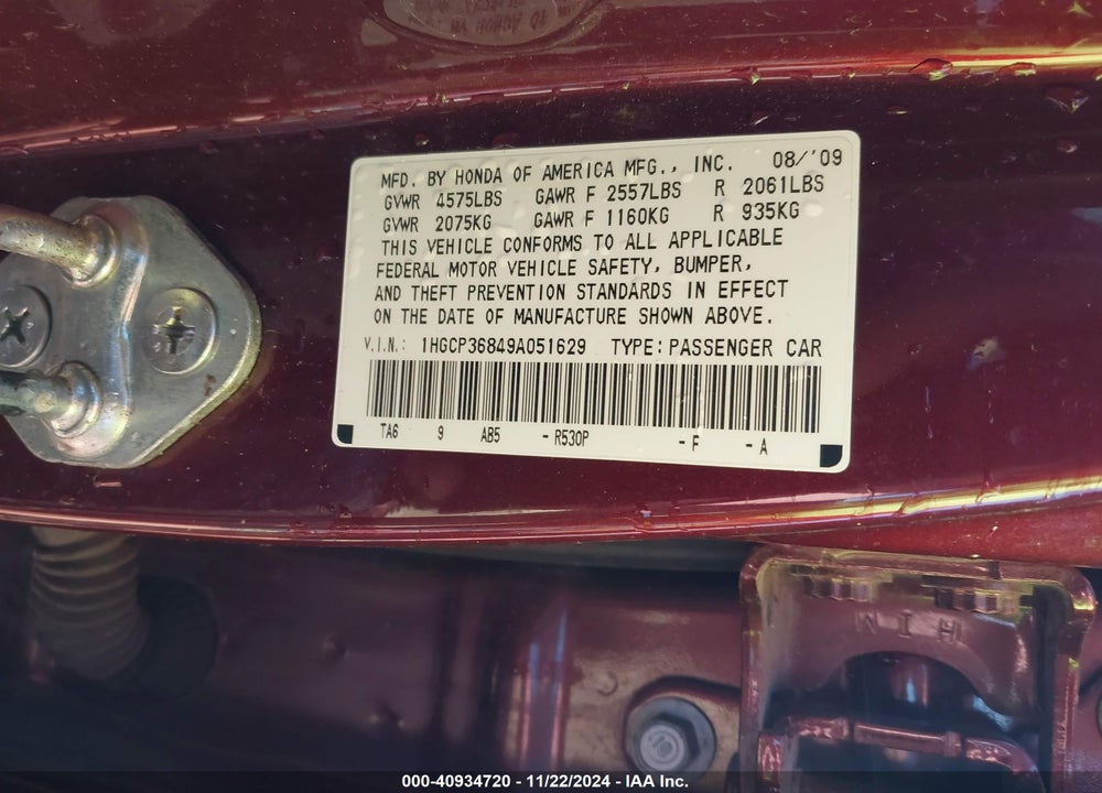 2009 HONDA ACCORD VIN: 1HGCP36849A051629