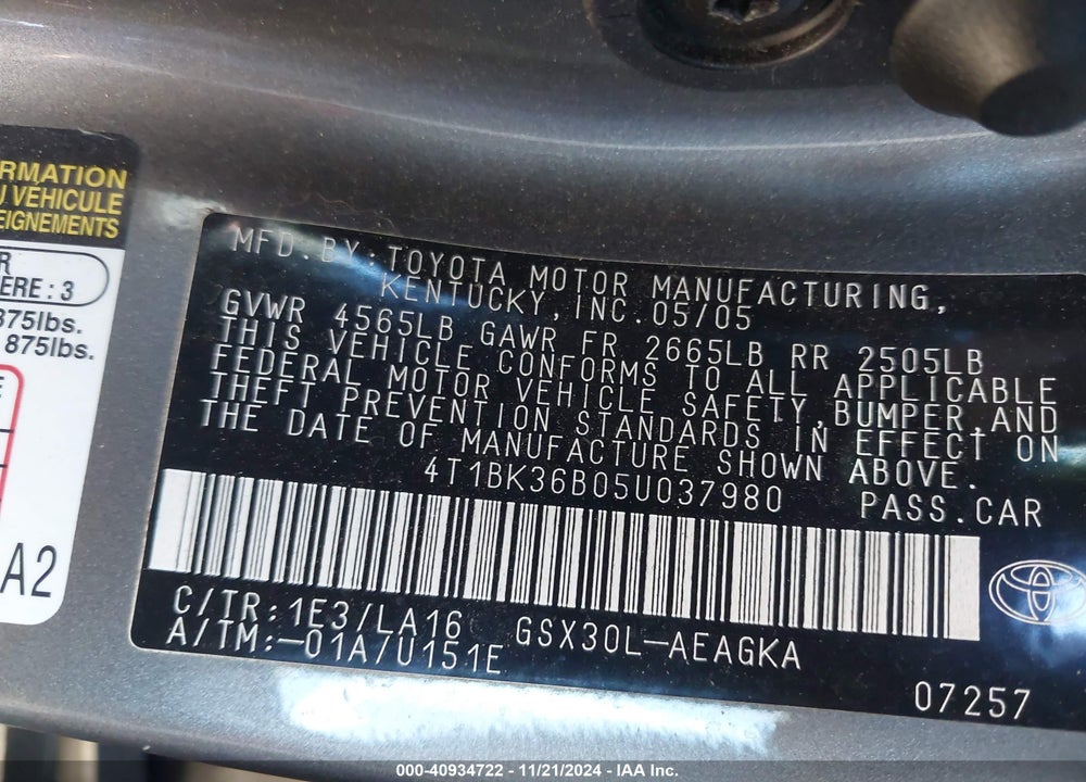 2005 TOYOTA AVALON XLS VIN: 4T1BK36B05U037980