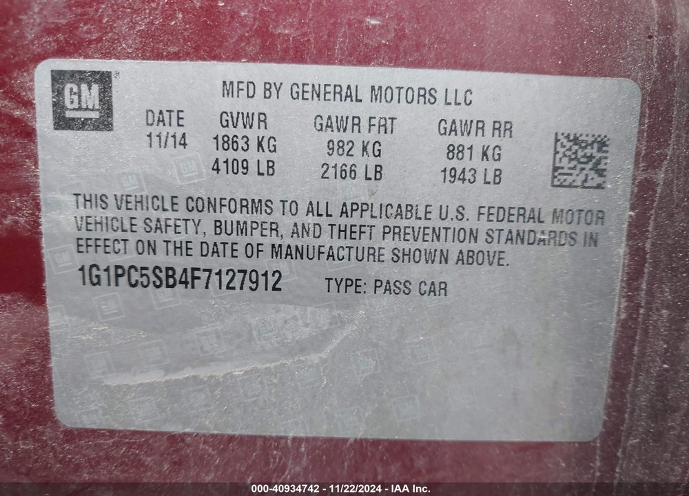 2015 CHEVROLET CRUZE 1LT AUTO VIN: 1G1PC5SB4F7127912