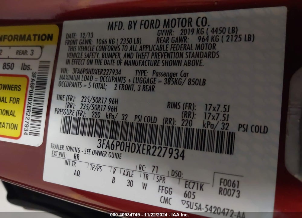 2014 FORD FUSION SE VIN: 3FA6P0HDXER227934