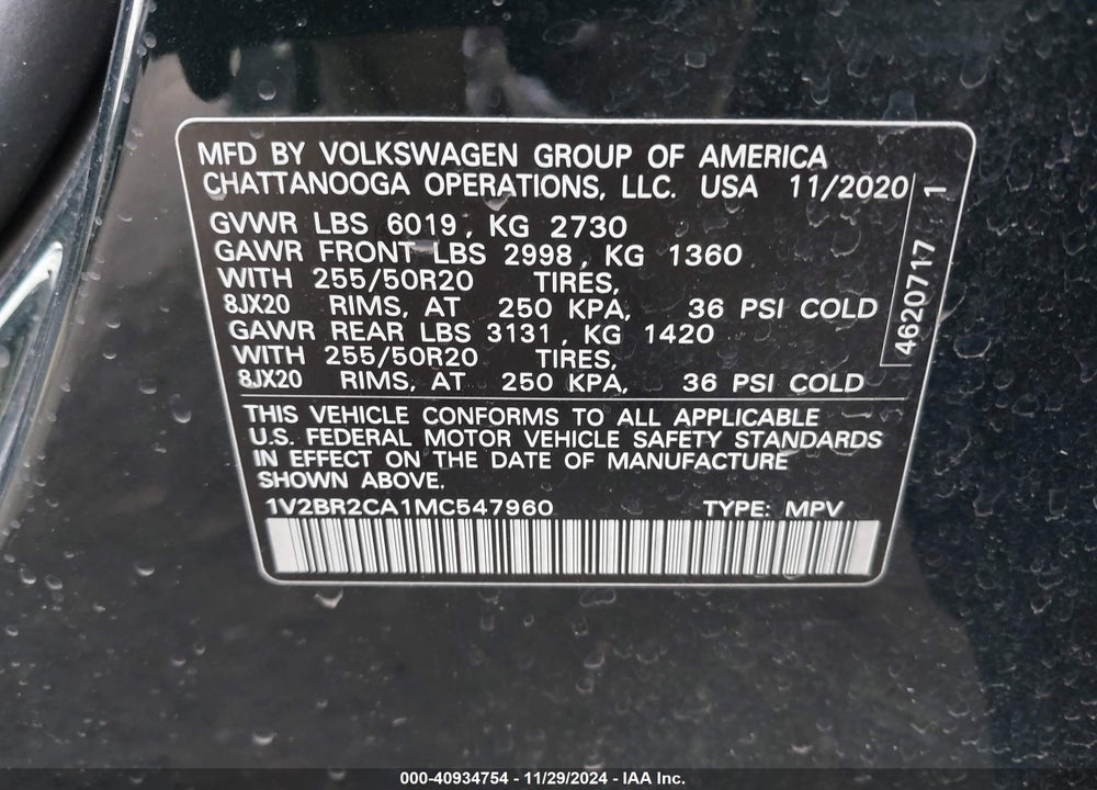2021 VOLKSWAGEN ATLAS 3.6L V6 SEL VIN: 1V2BR2CA1MC547960