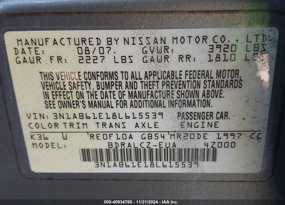 2008 NISSAN SENTRA 2.0 VIN: 3N1AB61E18L615539
