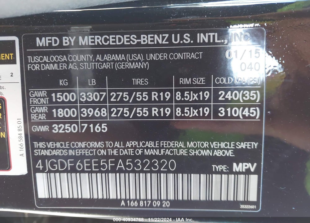 2015 MERCEDES-BENZ GL 450 4MATIC VIN: 4JGDF6EE5FA532320