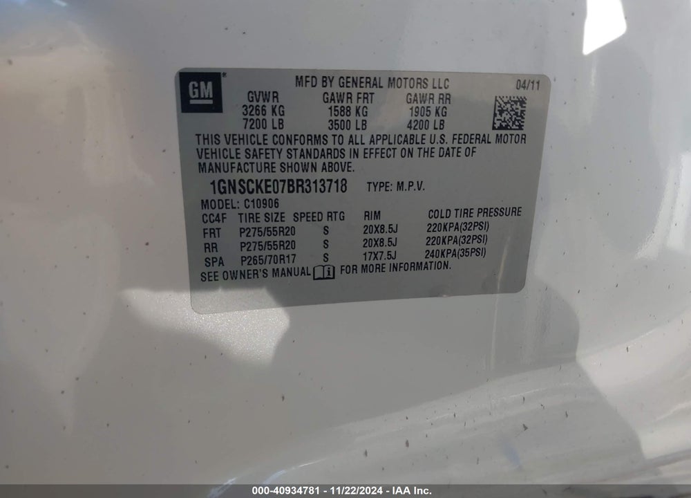 2011 CHEVROLET SUBURBAN 1500 LTZ VIN: 1GNSCKE07BR313718