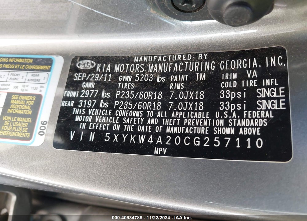 2012 KIA SORENTO SX V6 VIN: 5XYKW4A20CG257110