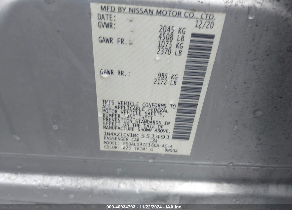 2021 NISSAN LEAF SV 40 KWH VIN: 1N4AZ1CV1MC551491