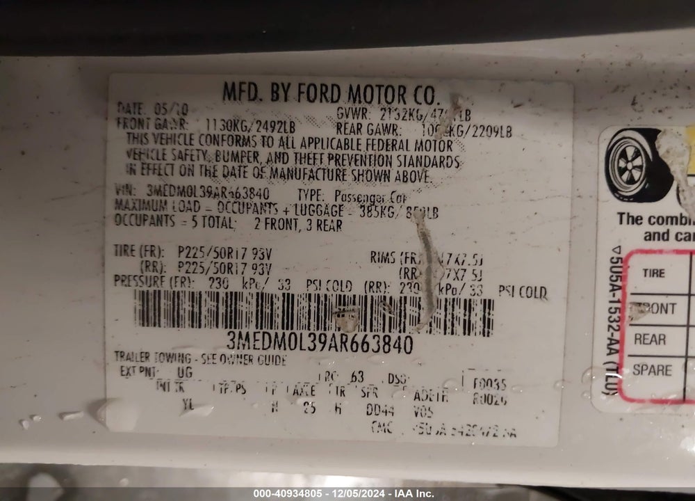 2010 MERCURY MILAN HYBRID VIN: 3MEDM0L39AR663840