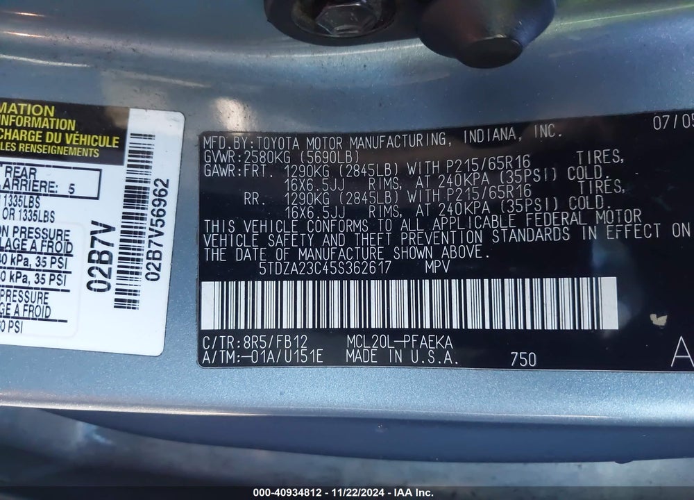 2005 TOYOTA SIENNA LE VIN: 5TDZA23C45S362617