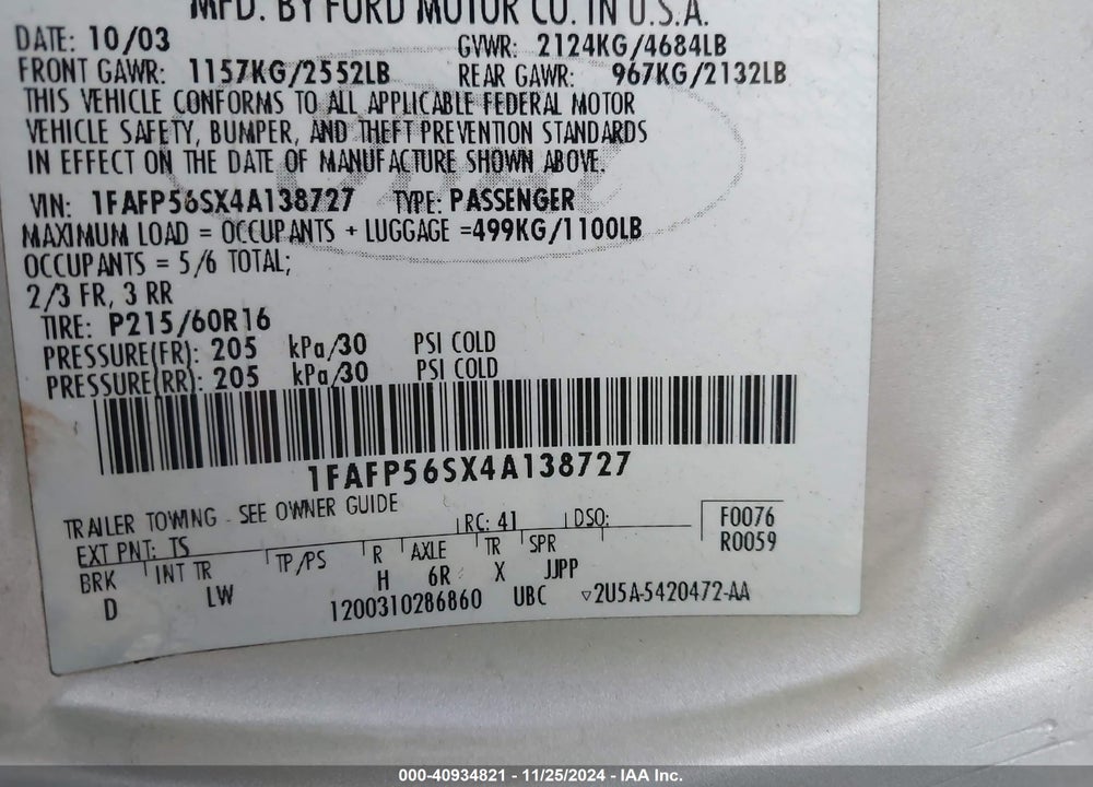 2004 FORD TAURUS SEL VIN: 1FAFP56SX4A138727