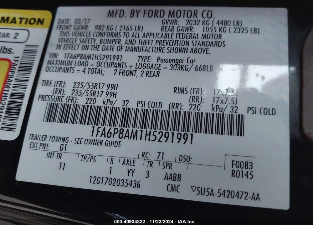 2017 FORD MUSTANG V6 VIN: 1FA6P8AM1H5291991