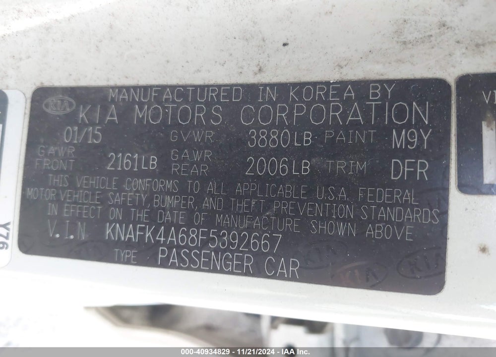 2015 KIA FORTE LX VIN: KNAFK4A68F5392667