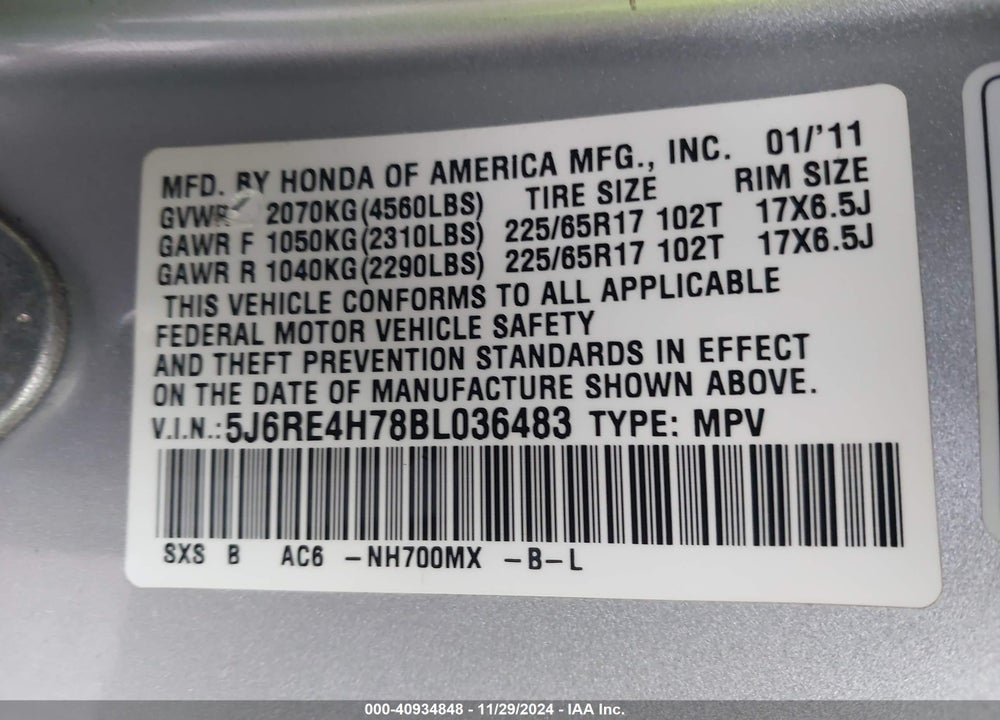 2011 HONDA CR-V EX-L VIN: 5J6RE4H78BL036483
