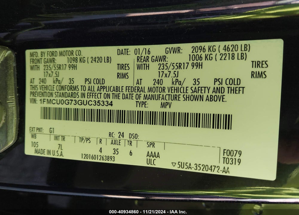 2016 FORD ESCAPE SE VIN: 1FMCU0G73GUC35334