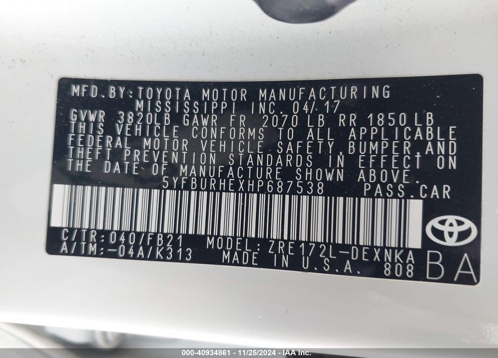 2017 TOYOTA COROLLA LE VIN: 5YFBURHEXHP687538