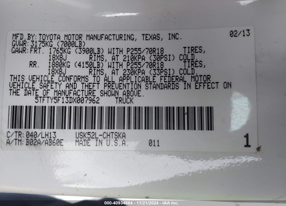 2013 TOYOTA TUNDRA 2WD TRUCK GRADE 5.7L V8 (A6) VIN: 5TFTY5F13DX007962