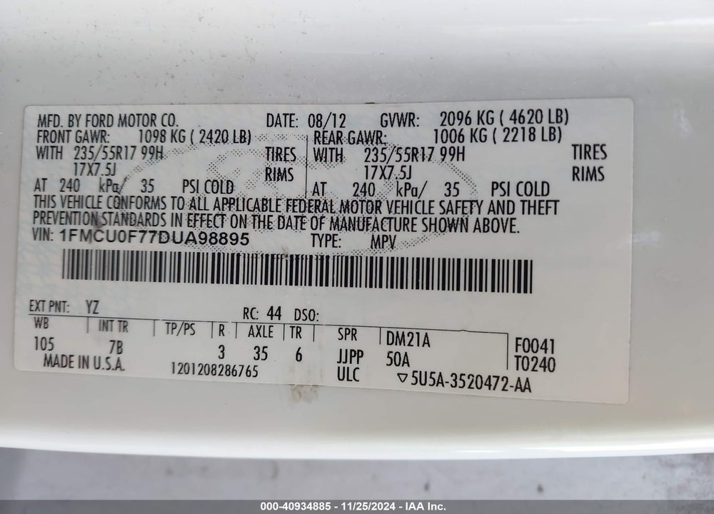 2013 FORD ESCAPE S VIN: 1FMCU0F77DUA98895