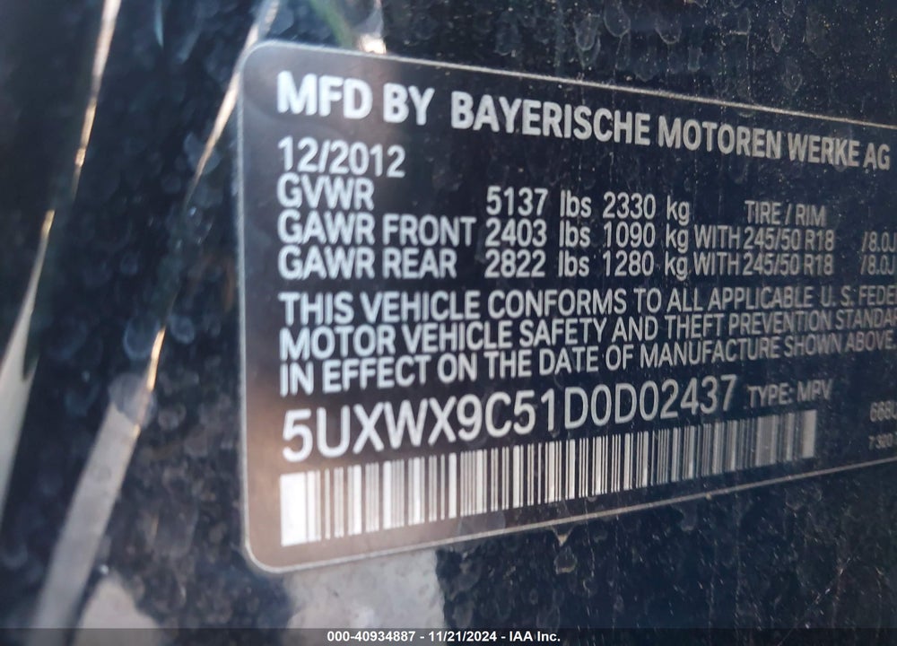 2013 BMW X3 XDRIVE28I VIN: 5UXWX9C51D0D02437