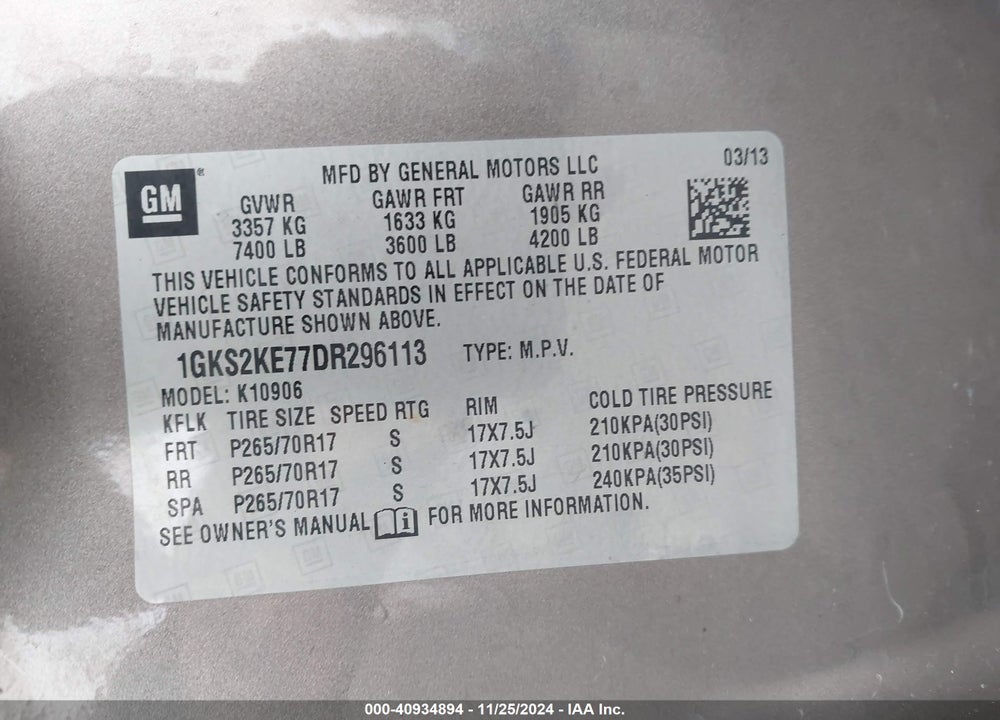 2013 GMC YUKON XL 1500 SLT VIN: 1GKS2KE77DR296113