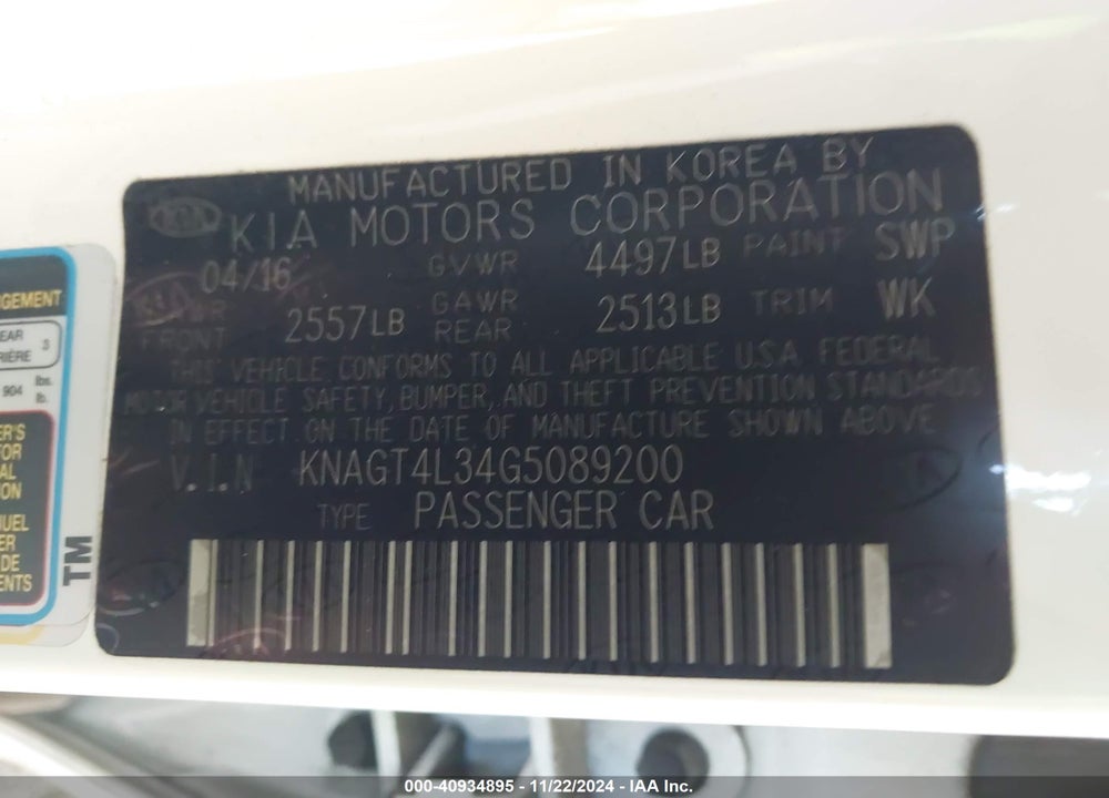 2016 KIA OPTIMA LX VIN: KNAGT4L34G5089200