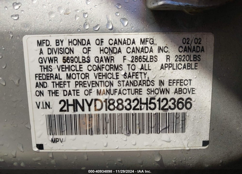 2002 ACURA MDX VIN: 2HNYD18832H512366