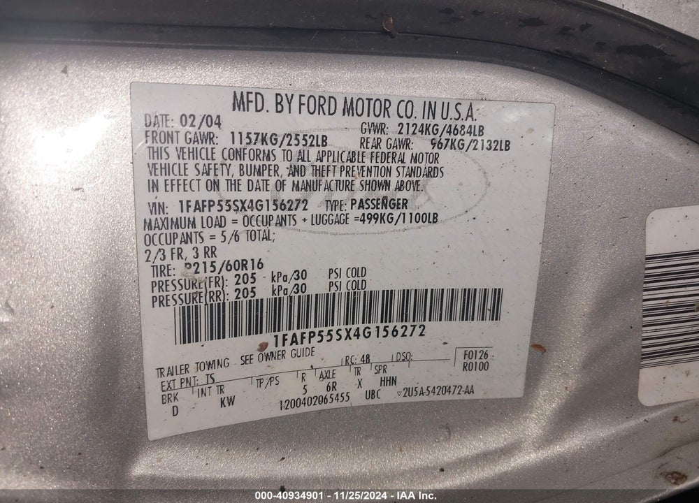 2004 FORD TAURUS SES VIN: 1FAFP55SX4G156272