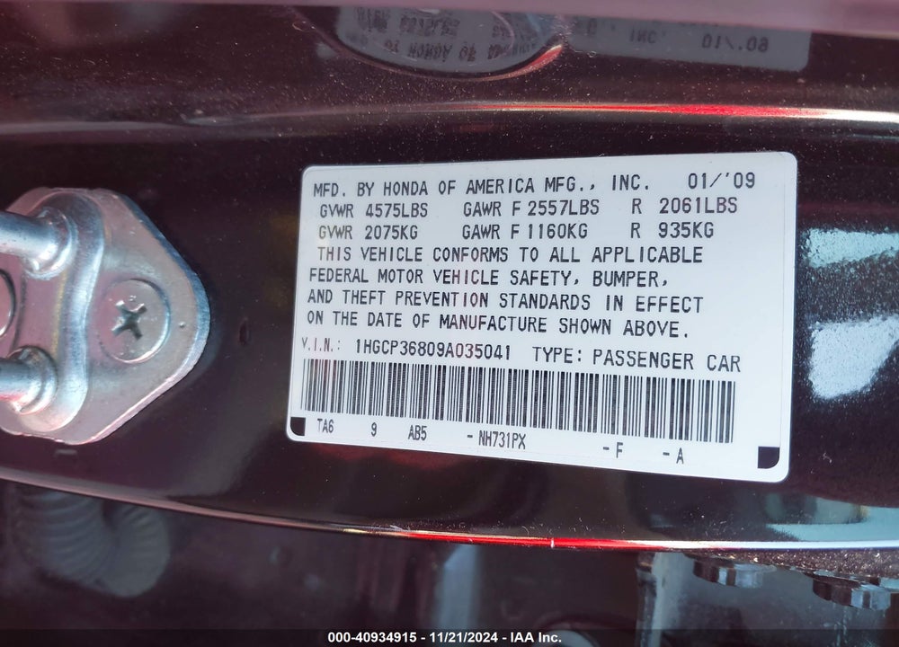 2009 HONDA ACCORD 3.5 EX-L VIN: 1HGCP36809A035041