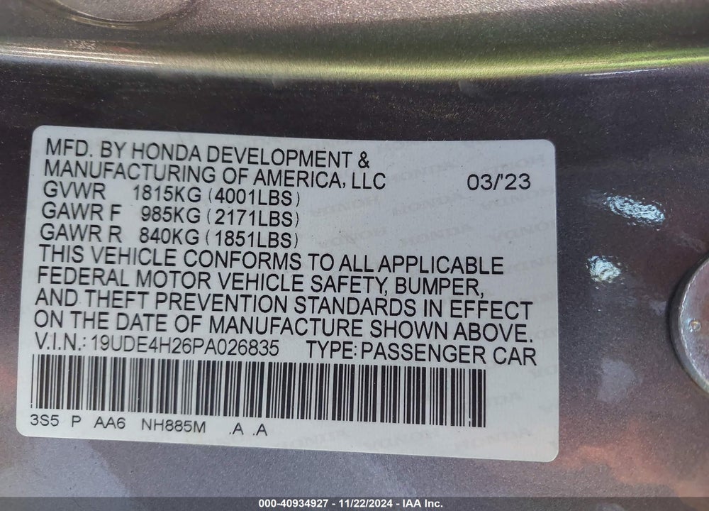 2023 ACURA INTEGRA VIN: 19UDE4H26PA026835
