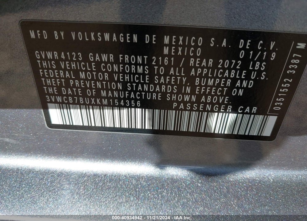 2019 VOLKSWAGEN JETTA VIN: 3VWCB7BUXKM154356