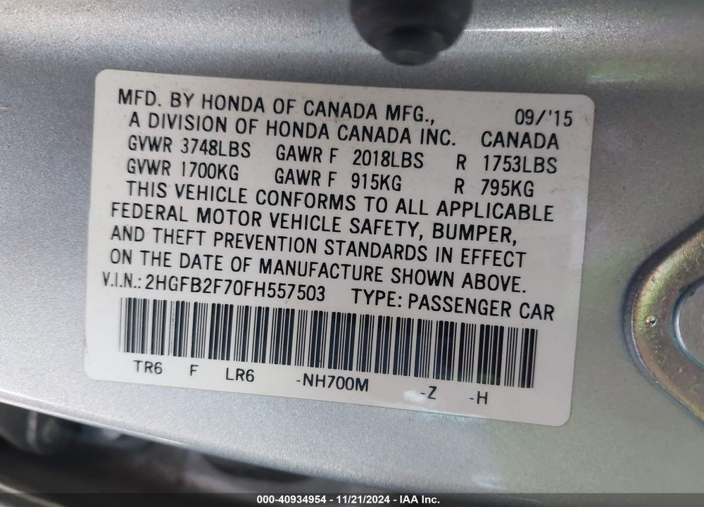 2015 HONDA CIVIC SE VIN: 2HGFB2F70FH557503