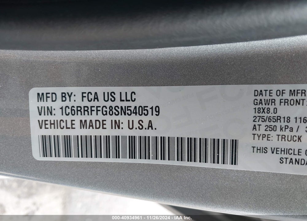 2025 RAM 1500 VIN: 1C6RRFFG8SN540519