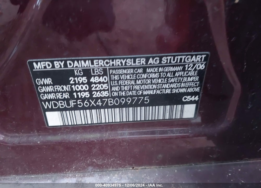 2007 MERCEDES-BENZ E 350 VIN: WDBUF56X47B099775