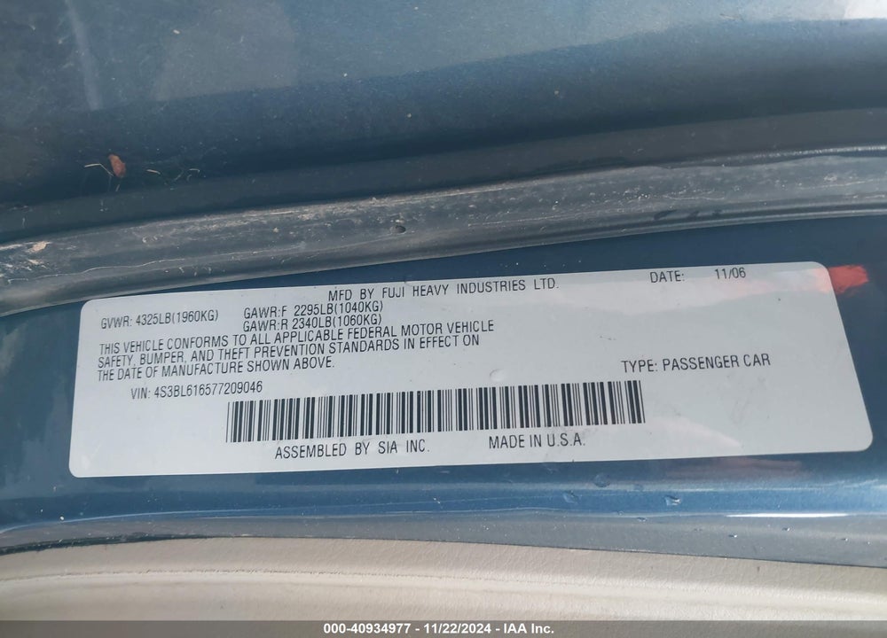 2007 SUBARU LEGACY VIN: 4S3BL616577209046