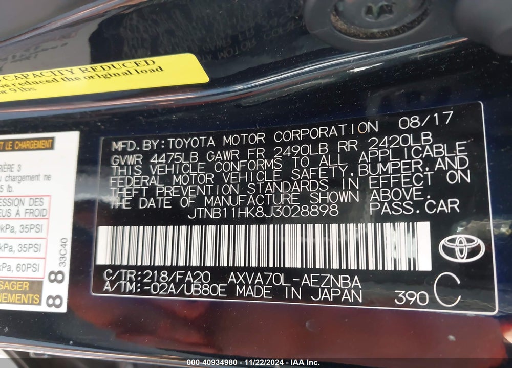 2018 TOYOTA CAMRY LE VIN: JTNB11HK8J3028898