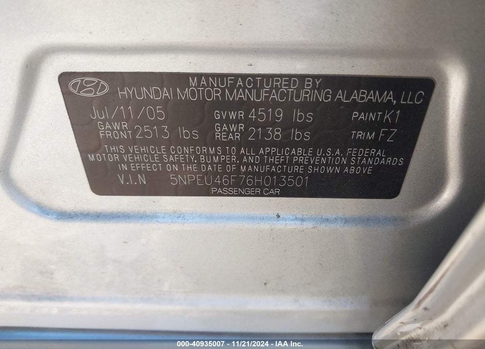 2006 HYUNDAI SONATA GLS V6/LX V6 VIN: 5NPEU46F76H013501