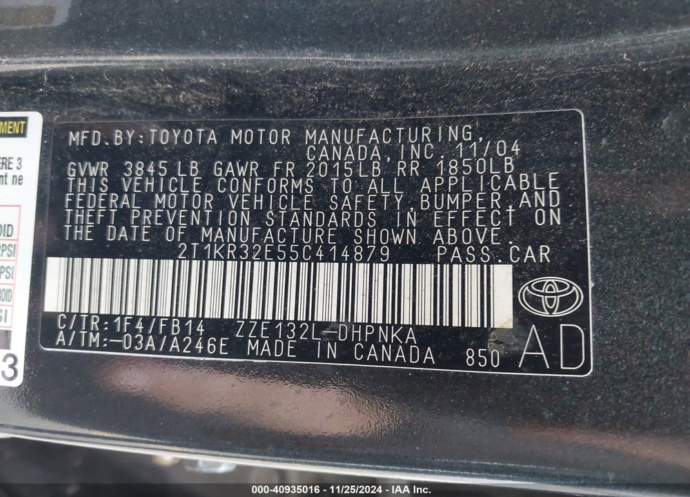 2005 TOYOTA MATRIX/XR VIN: 2T1KR32E55C414879