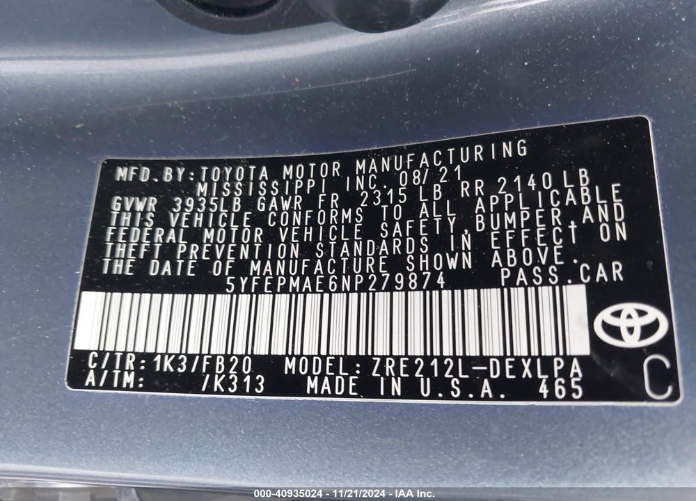 2022 TOYOTA COROLLA LE VIN: 5YFEPMAE6NP279874