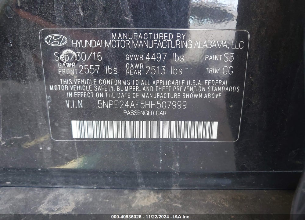 2017 HYUNDAI SONATA SE VIN: 5NPE24AF5HH507999