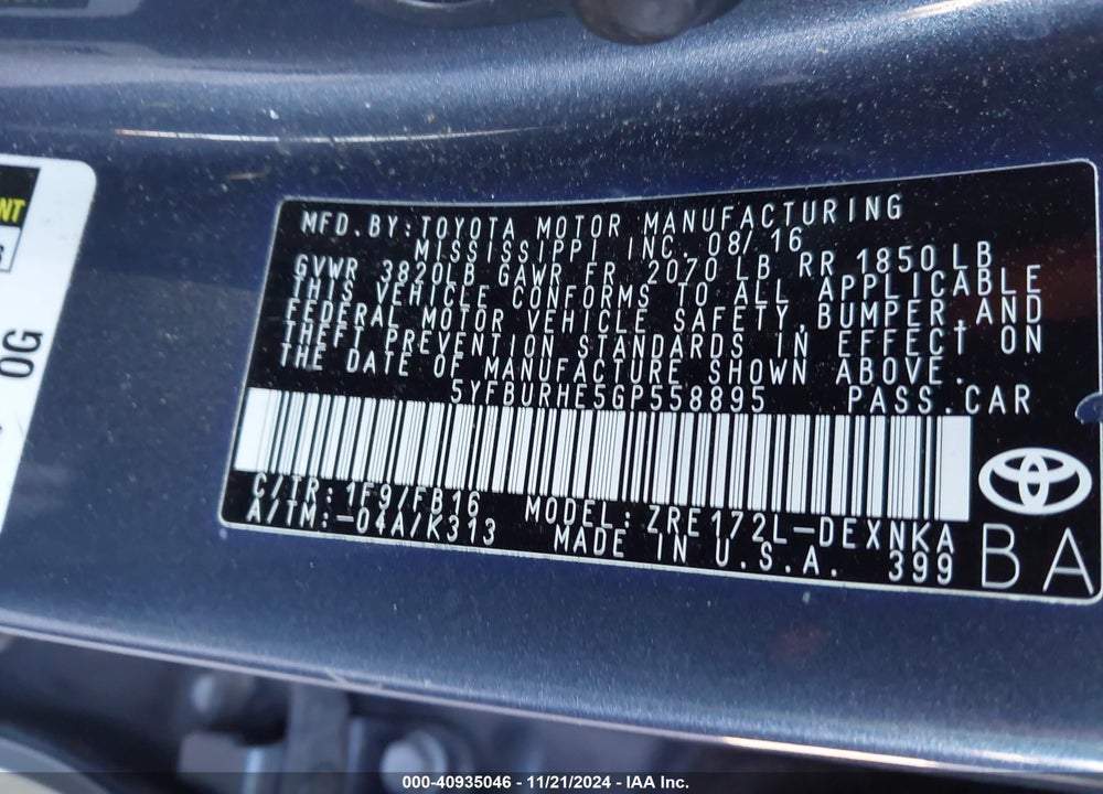 2016 TOYOTA COROLLA LE VIN: 5YFBURHE5GP558895