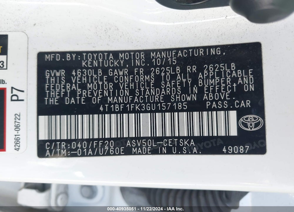 2016 TOYOTA CAMRY SE VIN: 4T1BF1FK3GU157185