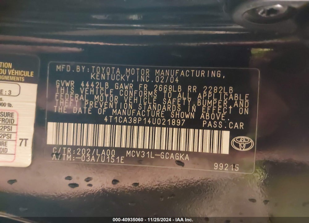 2004 TOYOTA CAMRY SOLARA VIN: 4T1CA38P14U021897
