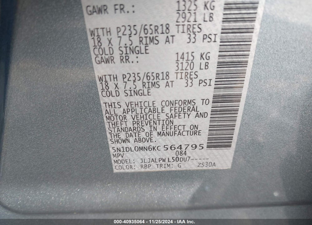 2019 INFINITI QX60 PURE VIN: 5N1DL0MN6KC564795