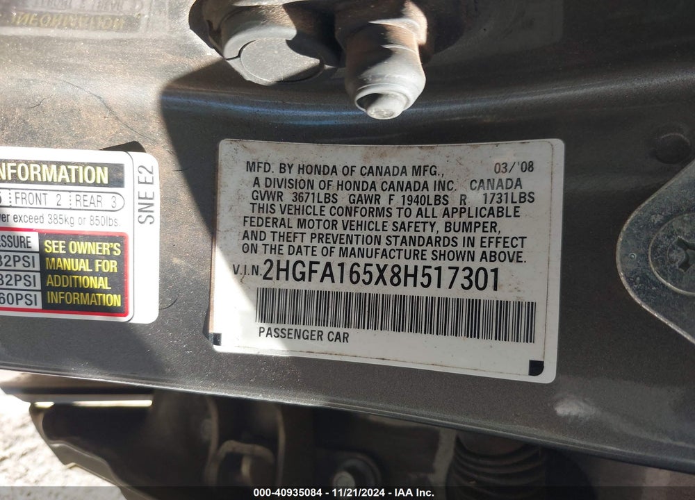 2008 HONDA CIVIC LX VIN: 2HGFA165X8H517301