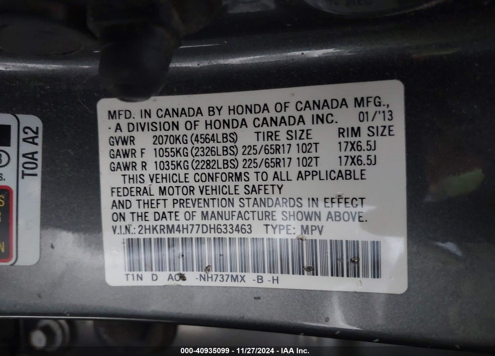 2013 HONDA CR-V EX-L VIN: 2HKRM4H77DH633463