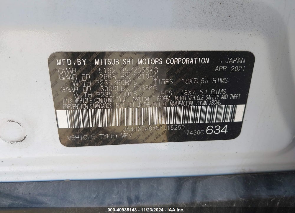2022 MITSUBISHI OUTLANDER ES 2.5 2WD VIN: JA4J3TA8XNZ015250