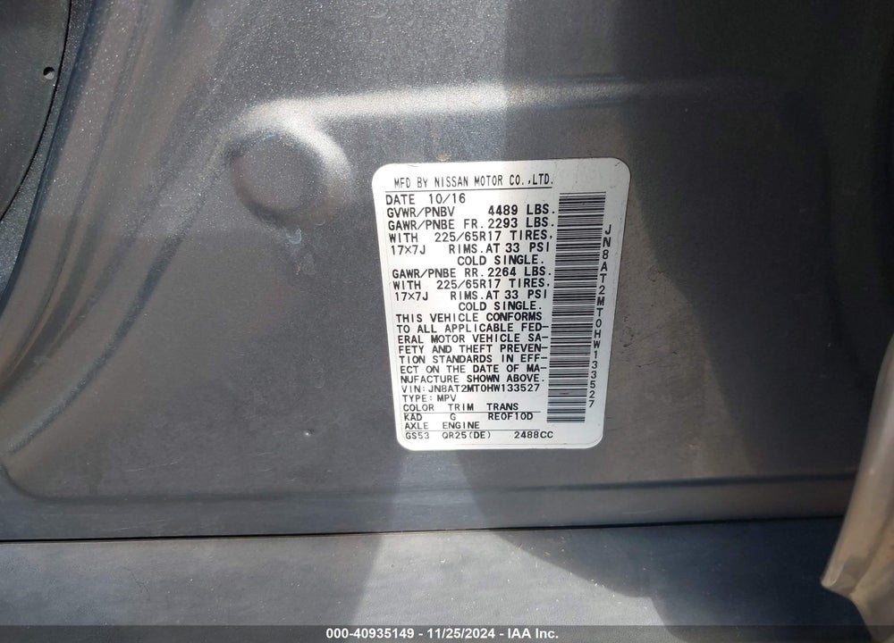 2017 NISSAN ROGUE S VIN: JN8AT2MT0HW133527