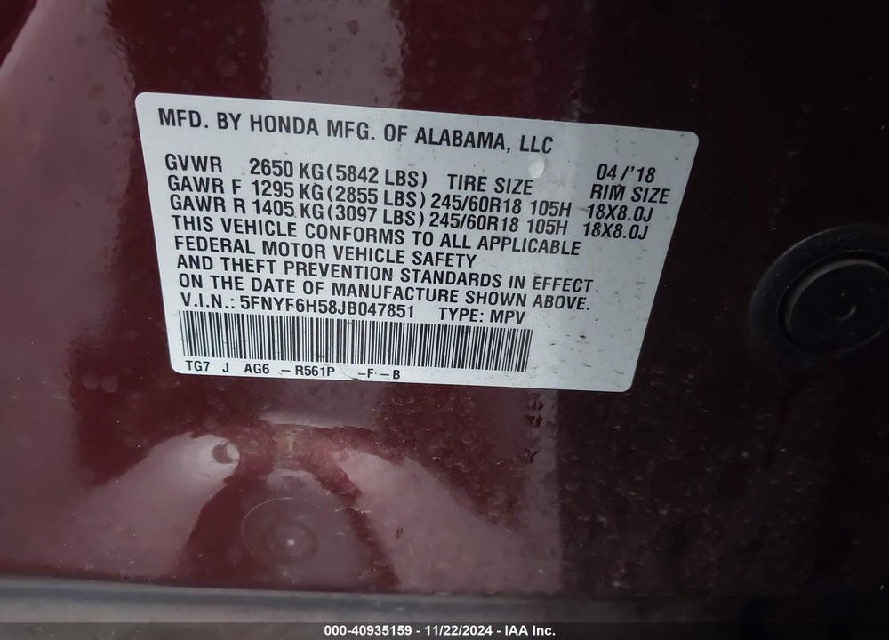 2018 HONDA PILOT EX-L VIN: 5FNYF6H58JB047851
