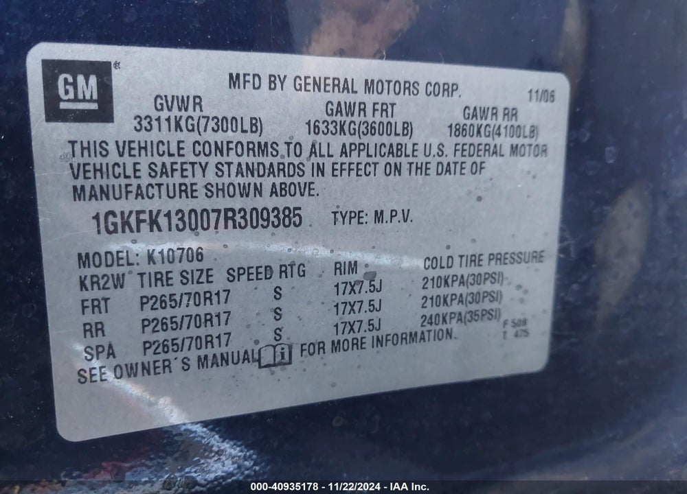 2007 GMC YUKON SLT VIN: 1GKFK13007R309385
