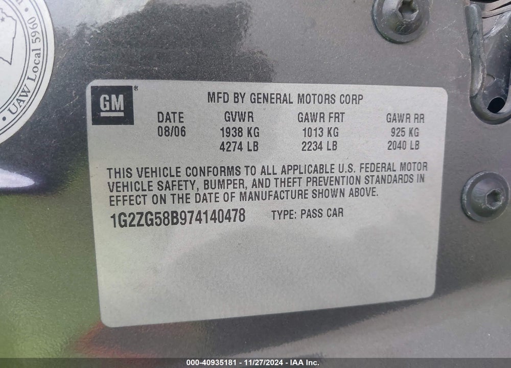 2007 PONTIAC G6 VIN: 1G2ZG58B974140478