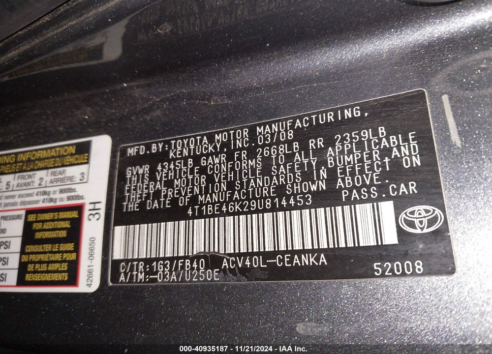 2009 TOYOTA CAMRY LE VIN: 4T1BE46K29U814453