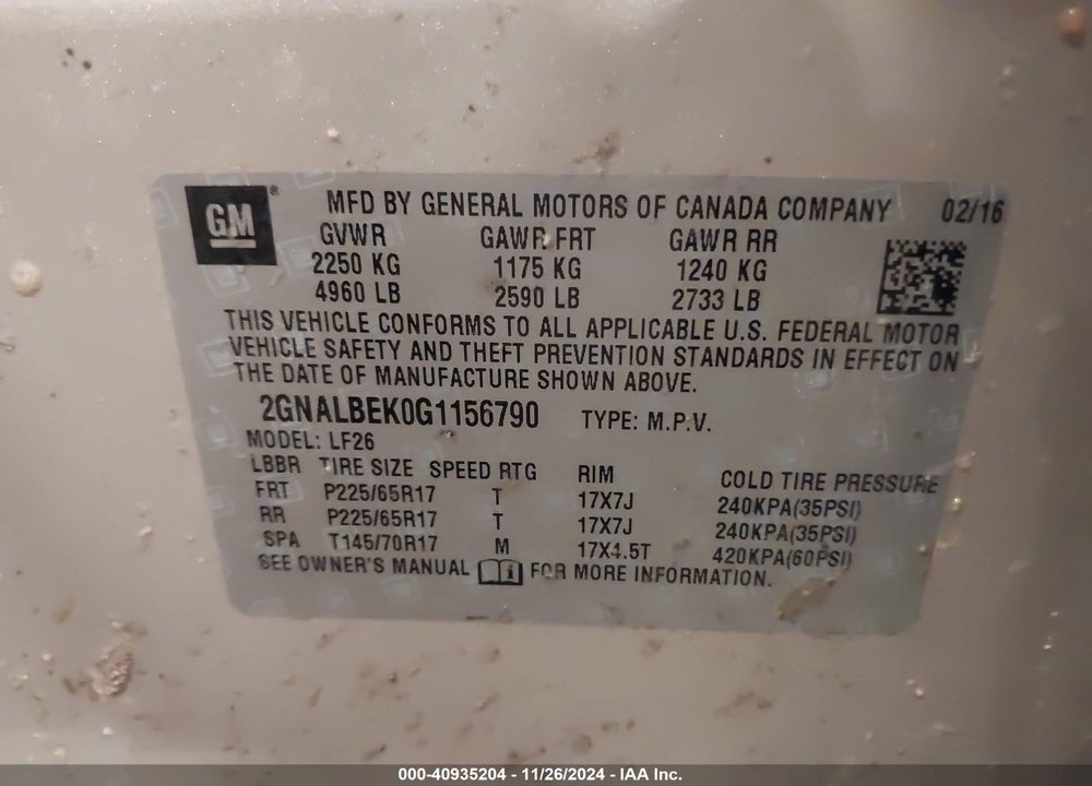 2016 CHEVROLET EQUINOX LS VIN: 2GNALBEK0G1156790